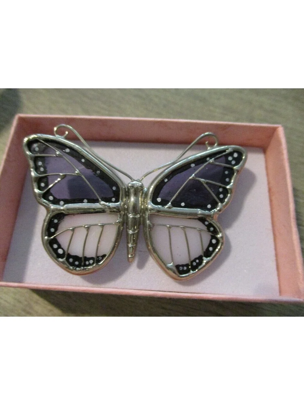 VTG 1980s Stained Glass Look Butterfly Brooch Pin Purple Pink Silver Tone Wing